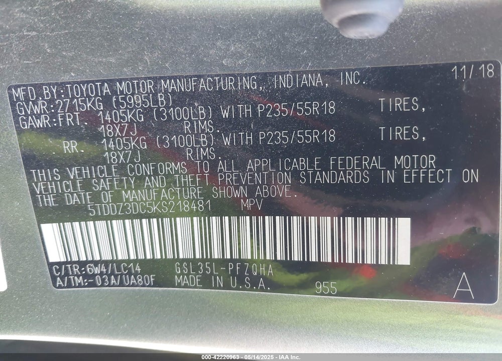 2019 TOYOTA SIENNA XLE 7 PASSENGER VIN: 5TDDZ3DC5KS218481