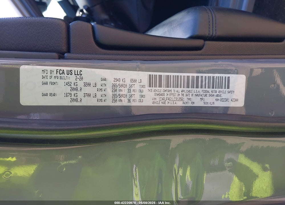 2020 JEEP GRAND CHEROKEE VIN: 1C4RJFAG1LC312561