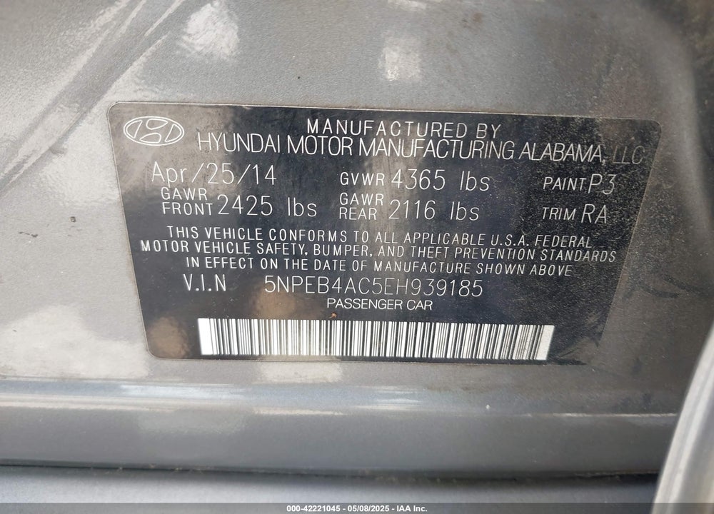 2014 HYUNDAI SONATA GLS VIN: 5NPEB4AC5EH939185