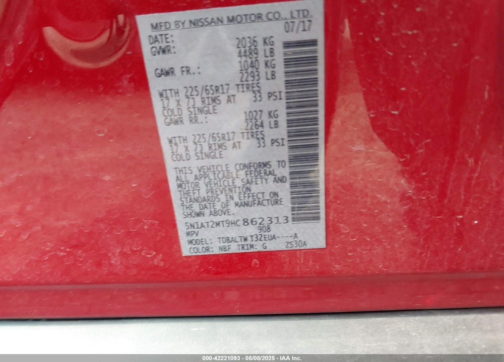 2017 NISSAN ROGUE SV VIN: 5N1AT2MT9HC862313