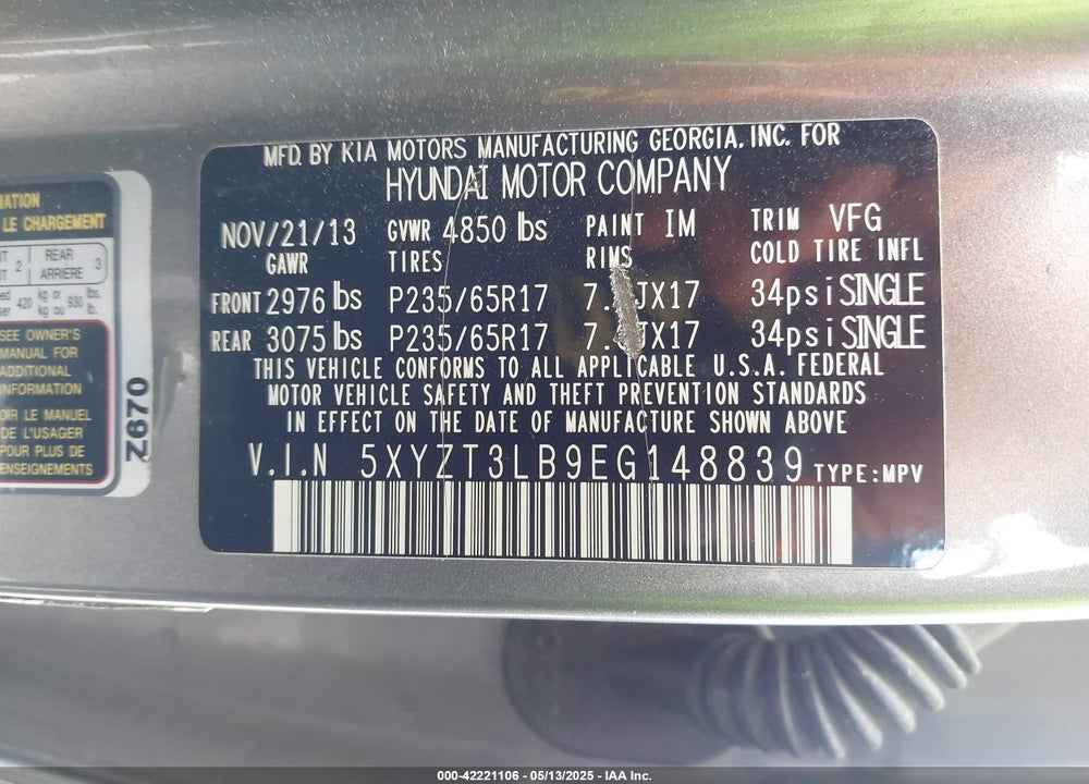 2014 HYUNDAI SANTA FE SPORT 2.4L VIN: 5XYZT3LB9EG148839