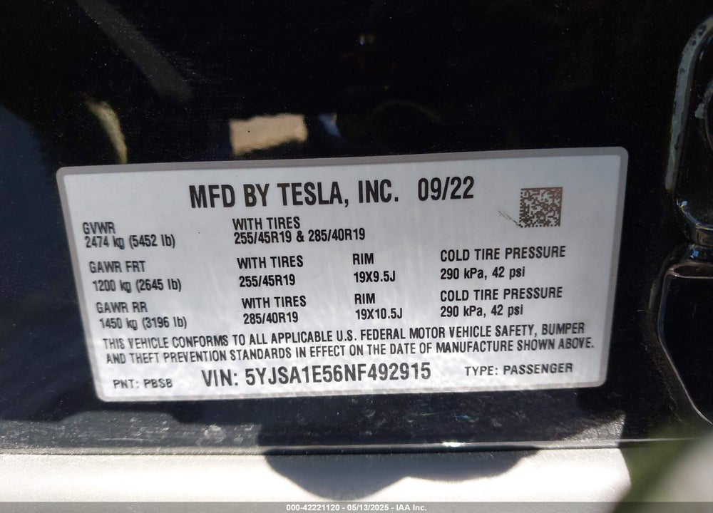 2022 TESLA MODEL S DUAL MOTOR ALL-WHEEL DRIVE VIN: 5YJSA1E56NF492915