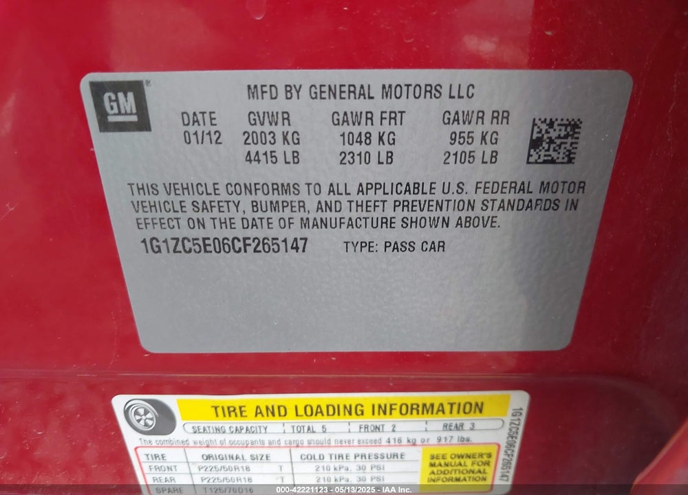 2012 CHEVROLET MALIBU 1LT VIN: 1G1ZC5E06CF265147