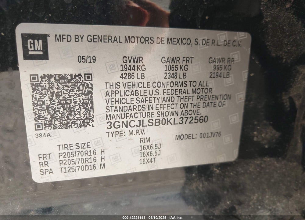 2019 CHEVROLET TRAX VIN: 3GNCJLSB0KL372560