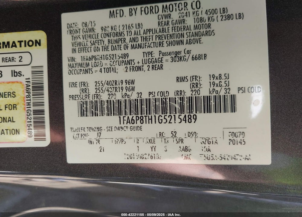 2016 FORD MUSTANG VIN: 1FA6P8TH1G5215489