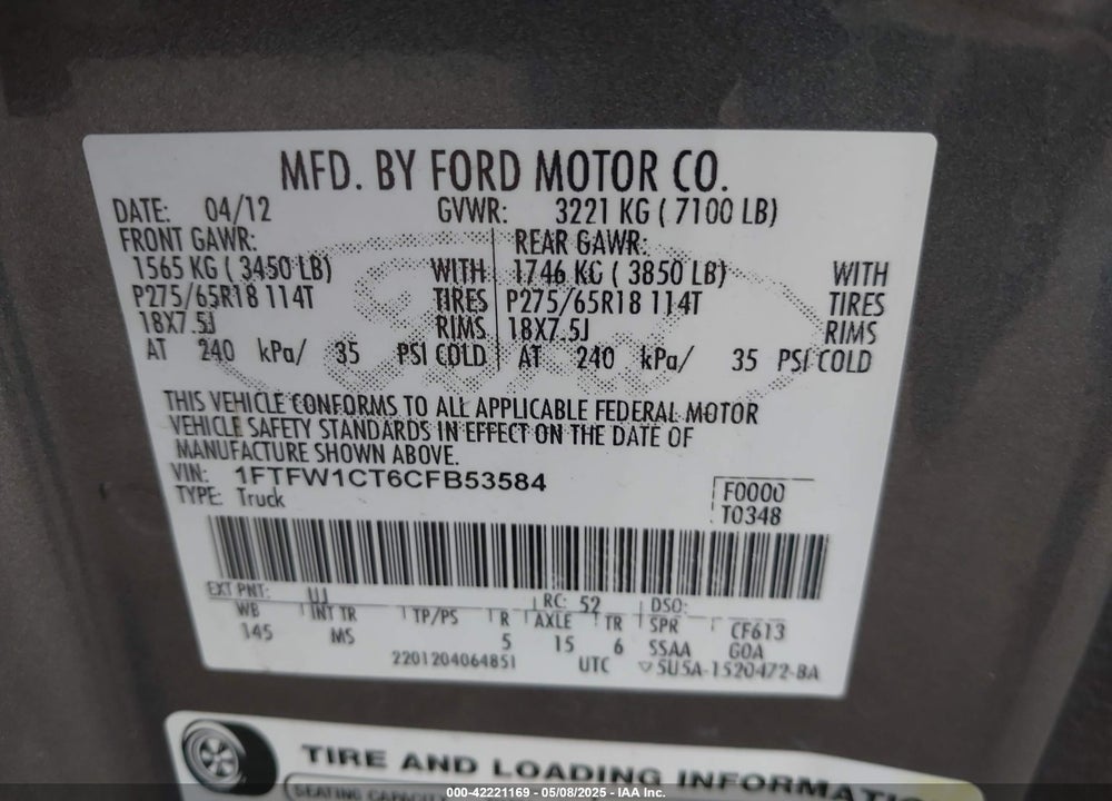 2012 FORD F-150 XLT VIN: 1FTFW1CT6CFB53584