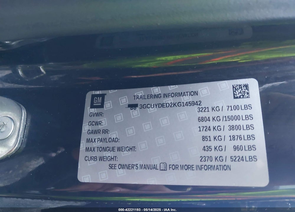 2019 CHEVROLET SILVERADO 1500 VIN: 3GCUYDED2KG145942