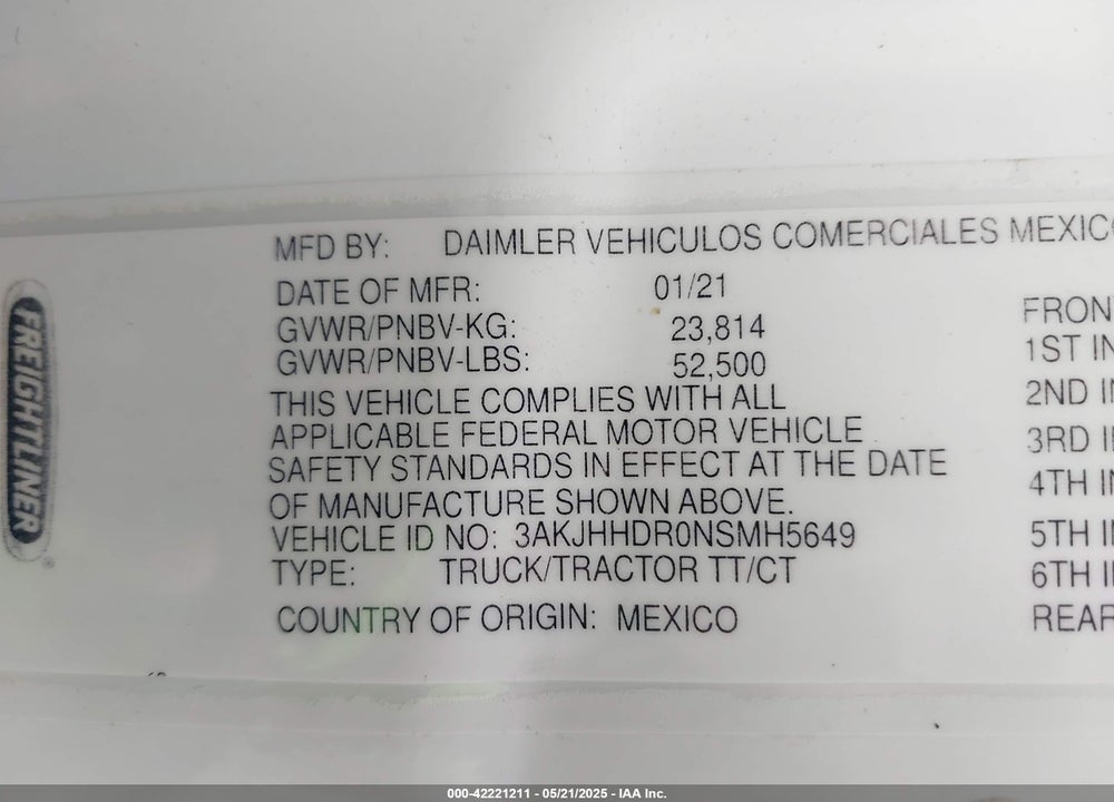 2022 FREIGHTLINER NEW CASCADIA 126 VIN: 3AKJHHDR0NSMH5649