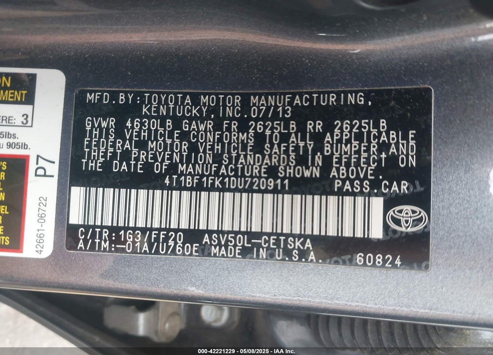 2013 TOYOTA CAMRY VIN: 4T1BF1FK1DU720911
