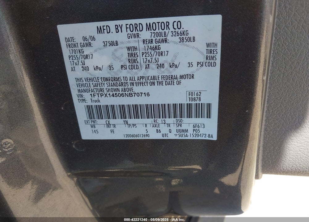 2006 FORD F-150 VIN: 1FTPX14506NB70716
