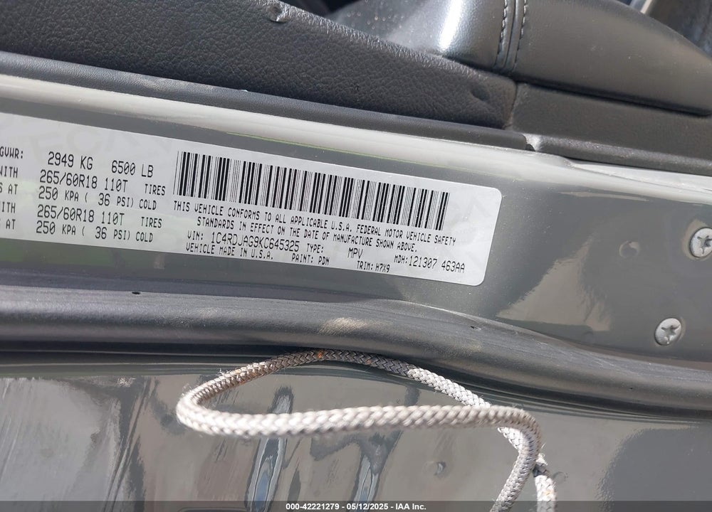 2019 DODGE DURANGO VIN: 1C4RDJAG9KC645325