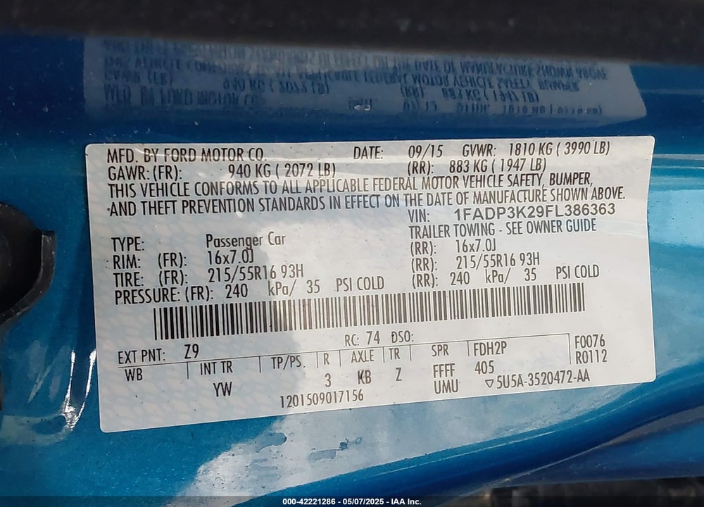 2015 FORD FOCUS VIN: 1FADP3K29FL386363