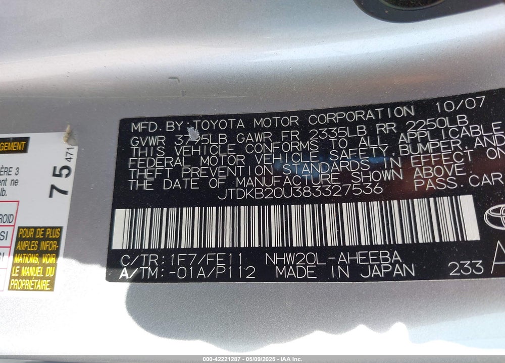 2008 TOYOTA PRIUS VIN: JTDKB20U383327536