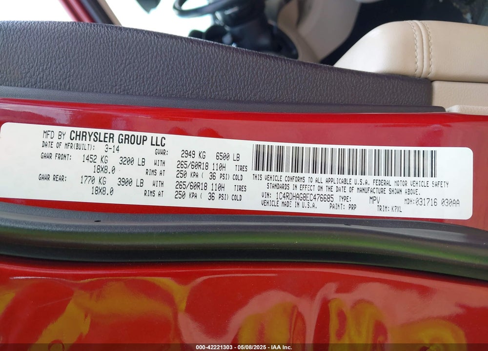 2014 DODGE DURANGO VIN: 1C4RDHAG8EC476685