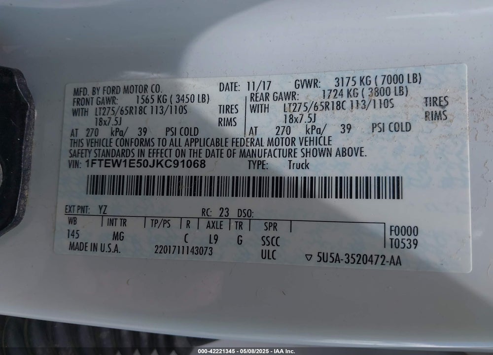 2018 FORD F-150 VIN: 1FTEW1E50JKC91068