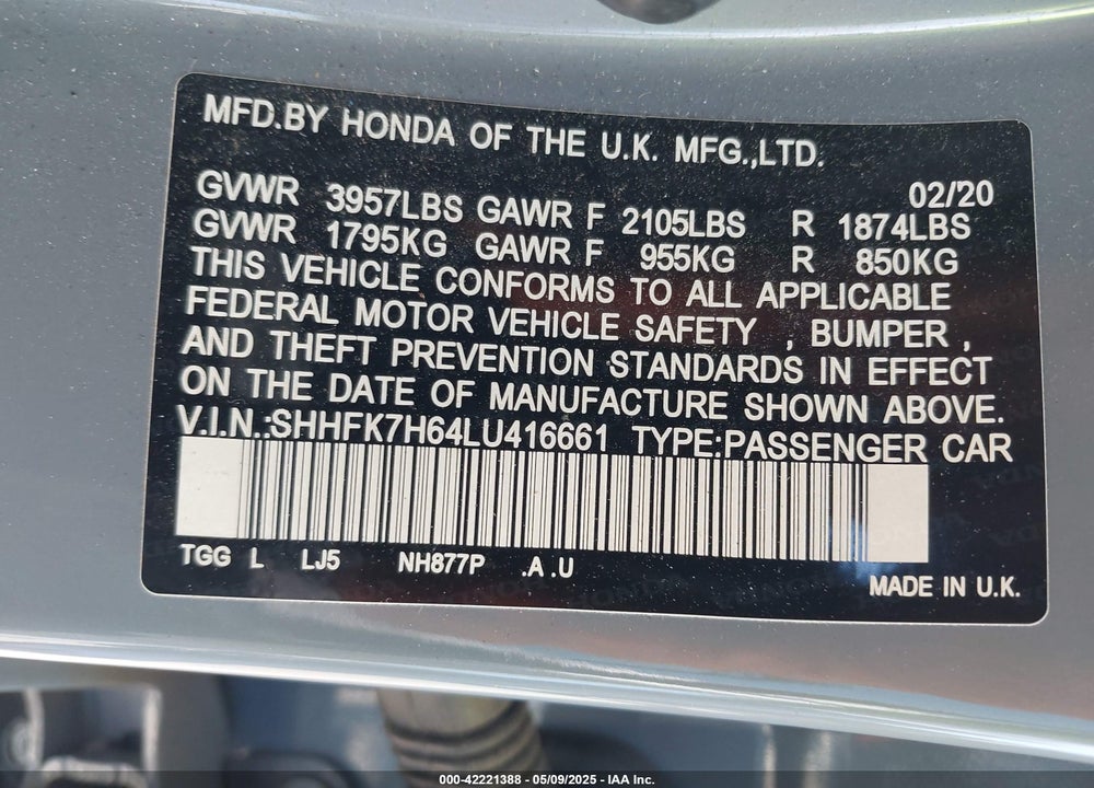 2020 HONDA CIVIC EX VIN: SHHFK7H64LU416661