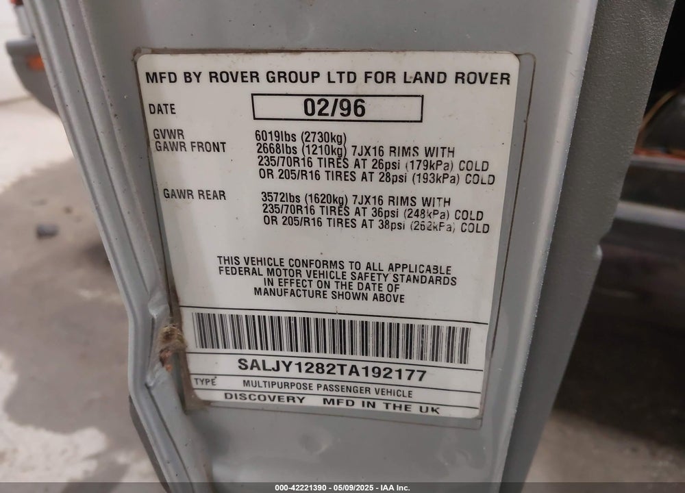 1996 LAND ROVER DISCOVERY VIN: SALJY1282TA192177