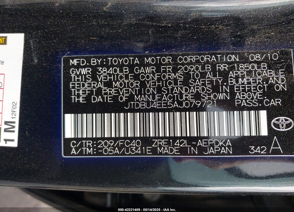 2010 TOYOTA COROLLA LE VIN: JTDBU4EE5AJ079721