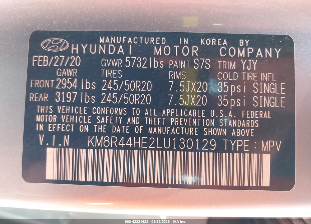2020 HYUNDAI PALISADE VIN: KM8R44HE2LU130129