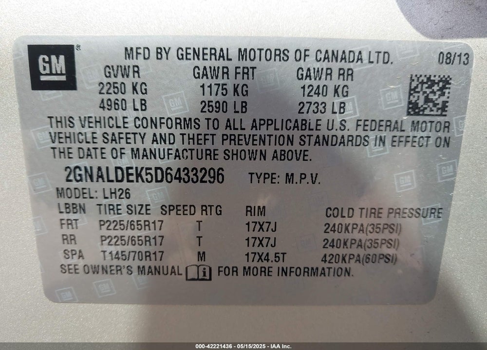 2013 CHEVROLET EQUINOX VIN: 2GNALDEK5D6433296