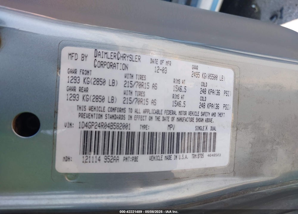 2004 DODGE GRAND CARAVAN SE VIN: 1D4GP24R04B582001