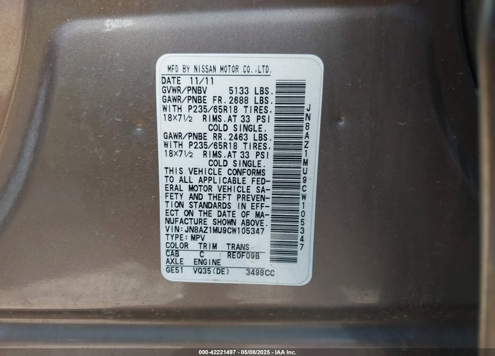 2012 NISSAN MURANO VIN: JN8AZ1MU9CW105347