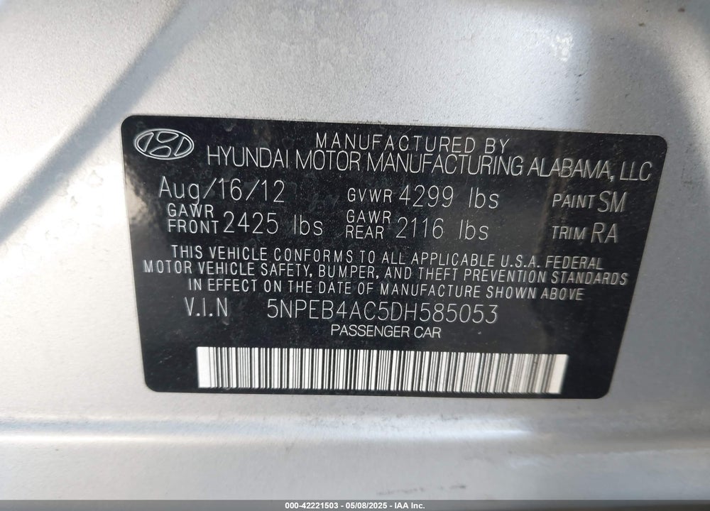 2013 HYUNDAI SONATA VIN: 5NPEB4AC5DH585053