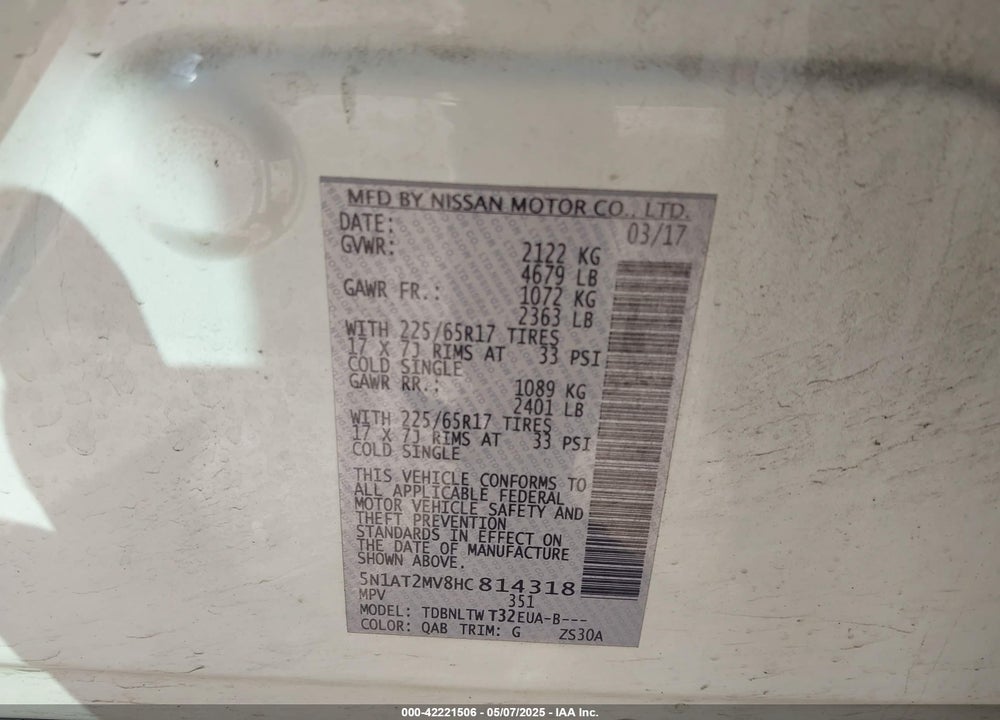 2017 NISSAN ROGUE SV VIN: 5N1AT2MV8HC814318