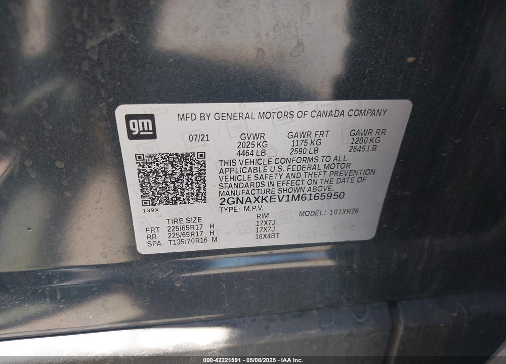 2021 CHEVROLET EQUINOX FWD LT VIN: 2GNAXKEV1M6165950