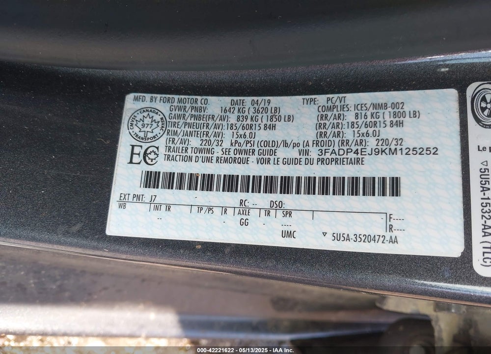 2019 FORD FIESTA SE VIN: 3FADP4EJ9KM125252