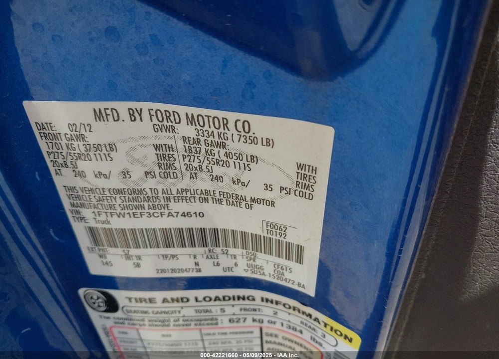 2012 FORD F-150 FX4 VIN: 1FTFW1EF3CFA74610