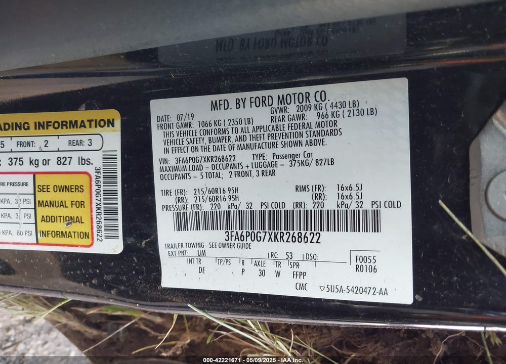 2019 FORD FUSION VIN: 3FA6P0G7XKR268622
