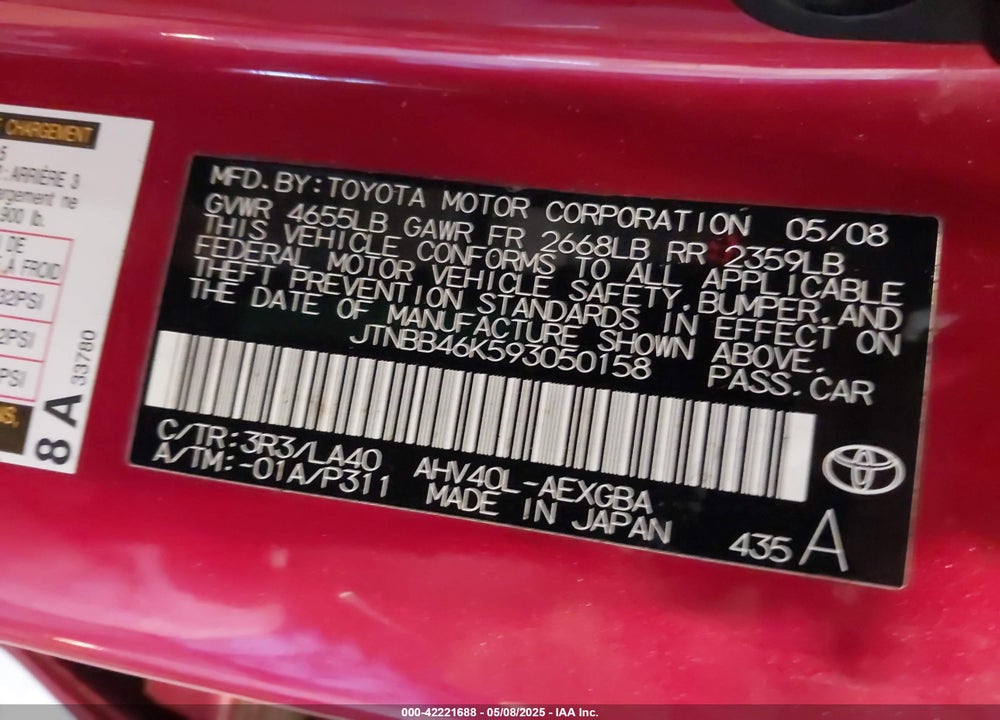 2009 TOYOTA CAMRY HYBRID VIN: JTNBB46K593050158