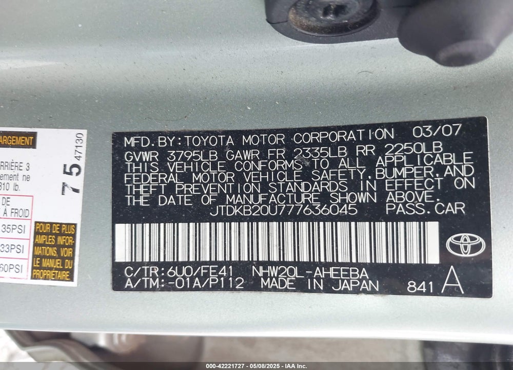 2007 TOYOTA PRIUS VIN: JTDKB20U777636045