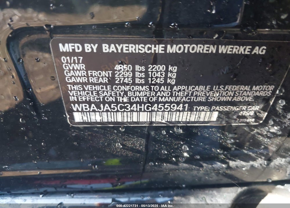 2017 BMW 530I VIN: WBAJA5C34HG455941