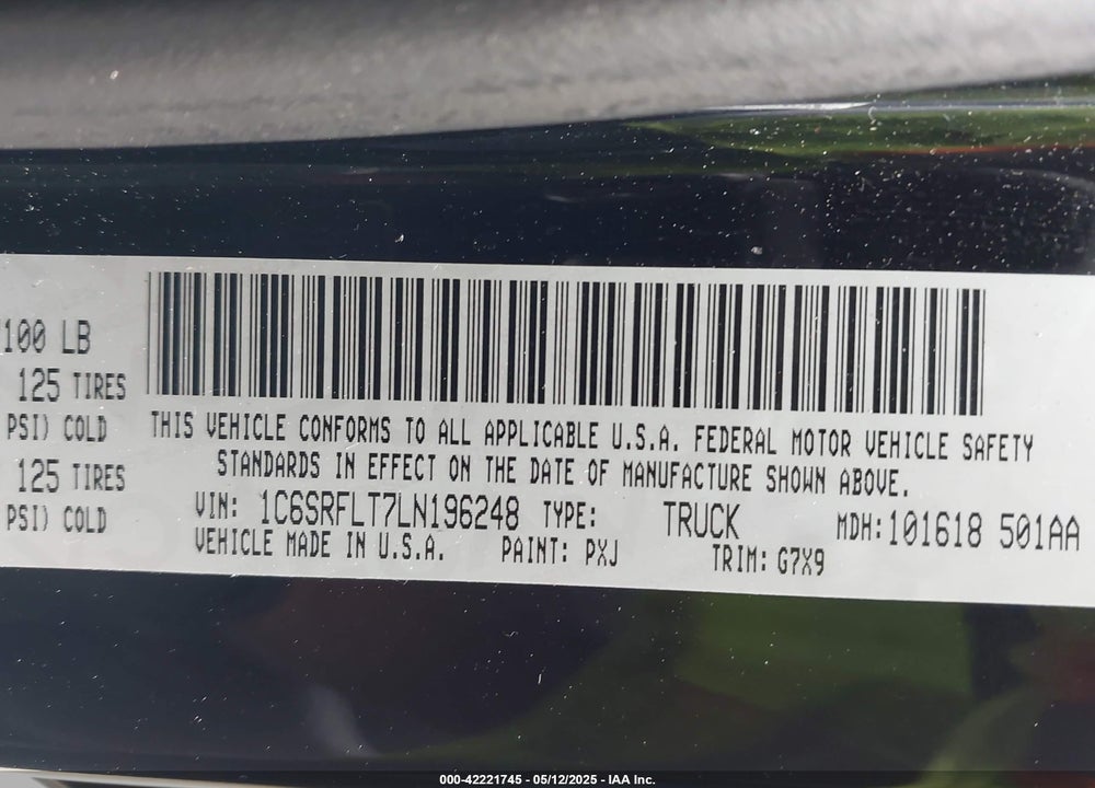2020 RAM 1500 REBEL 4X4 5'7 BOX VIN: 1C6SRFLT7LN196248