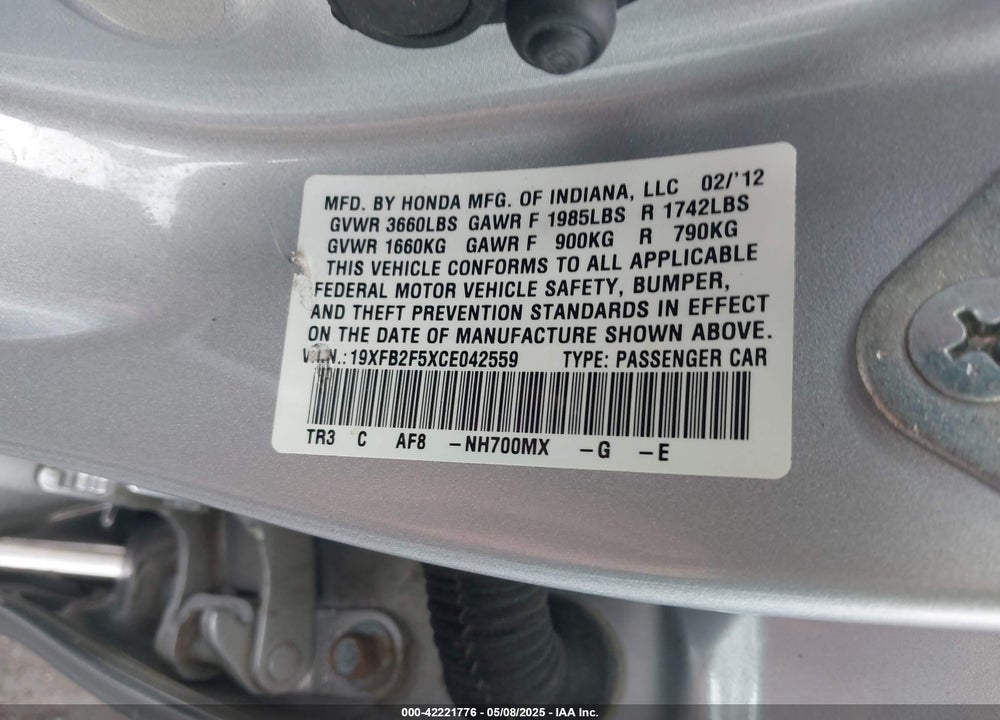 2012 HONDA CIVIC VIN: 19XFB2F5XCE042559