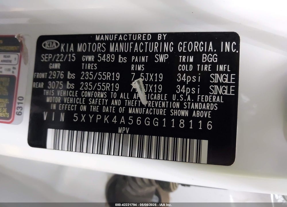 2016 KIA SORENTO VIN: 5XYPK4A56GG118116