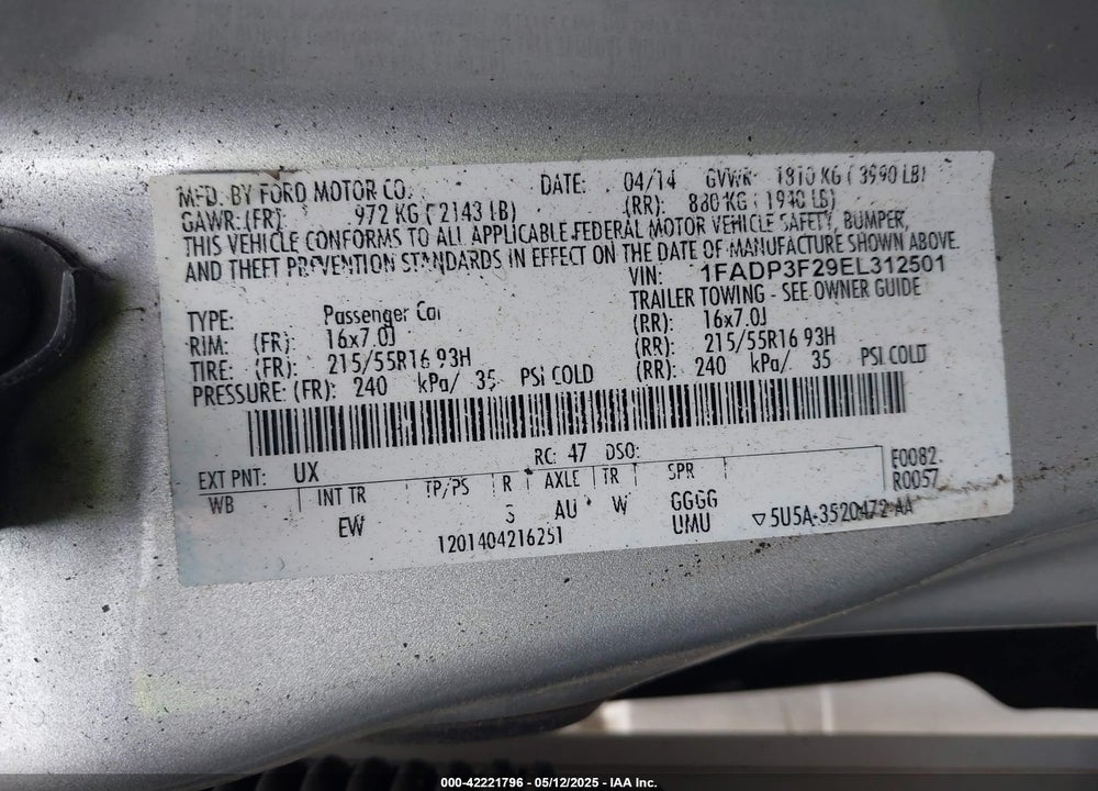 2014 FORD FOCUS VIN: 1FADP3F29EL312501