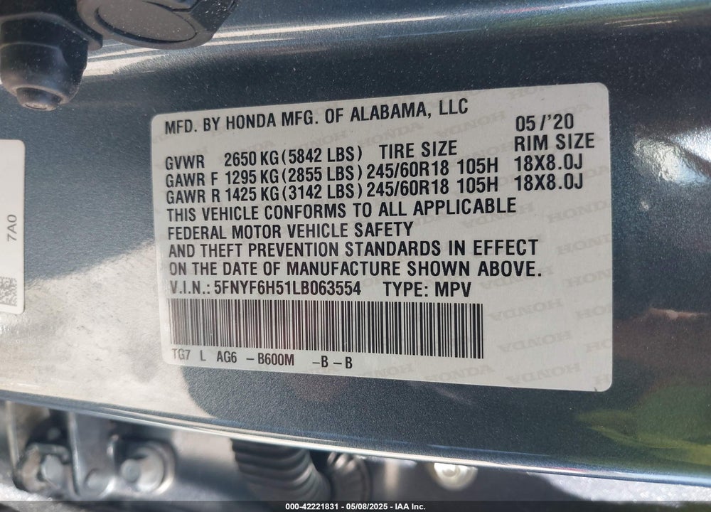 2020 HONDA PILOT VIN: 5FNYF6H51LB063554