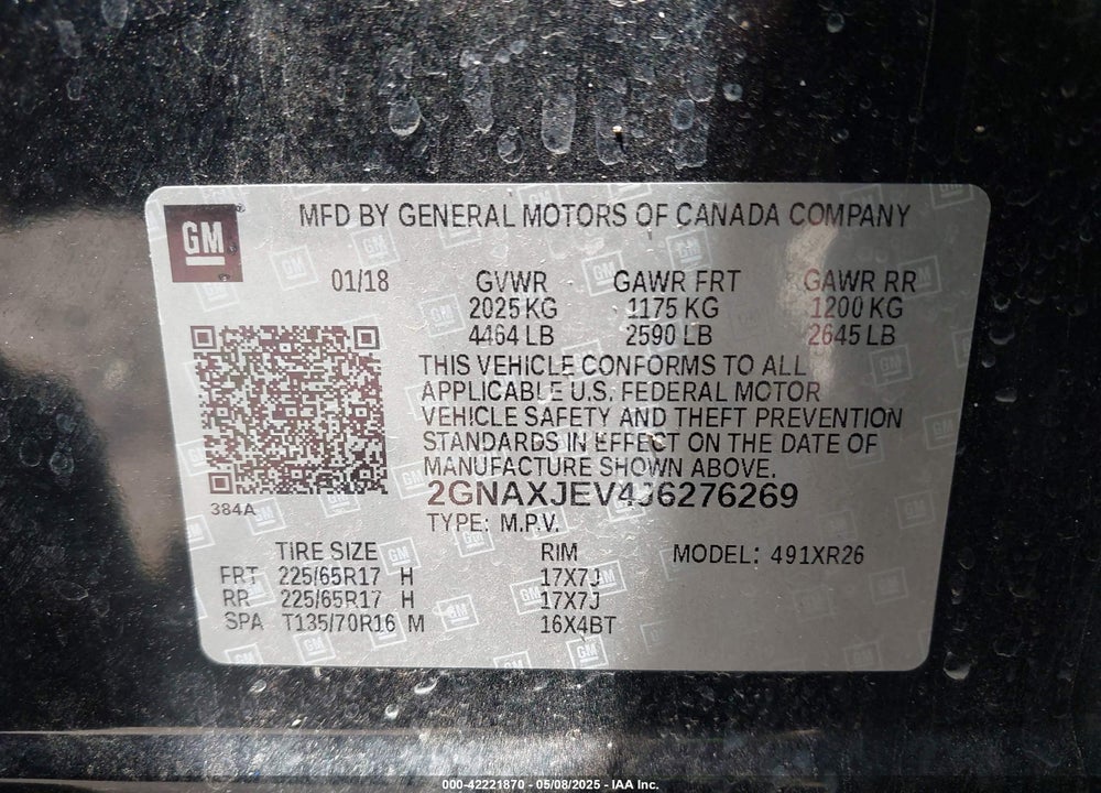 2018 CHEVROLET EQUINOX LT VIN: 2GNAXJEV4J6276269