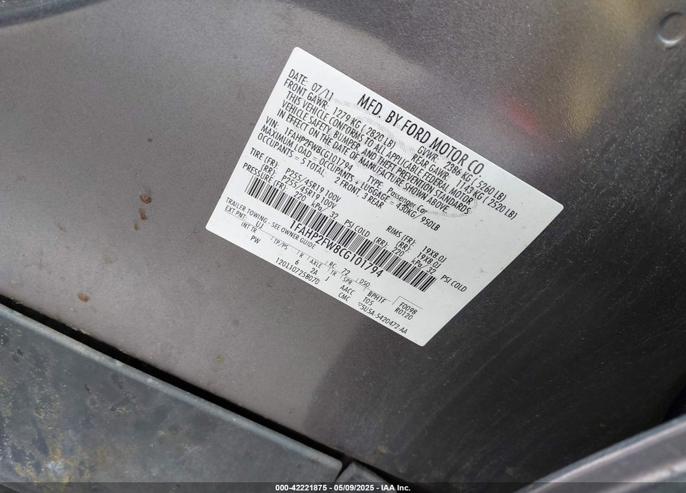 2012 FORD TAURUS VIN: 1FAHP2FW8CG101794