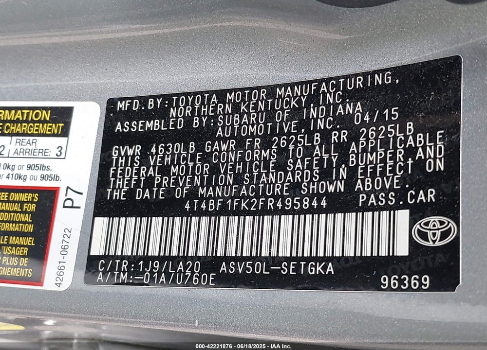 2015 TOYOTA CAMRY VIN: 4T4BF1FK2FR495844