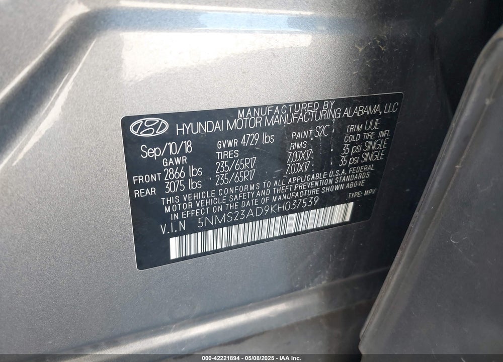 2019 HYUNDAI SANTA FE SE VIN: 5NMS23AD9KH037539