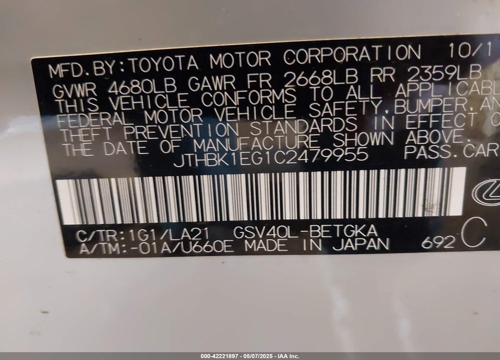 2012 LEXUS ES 350 VIN: JTHBK1EG1C2479955