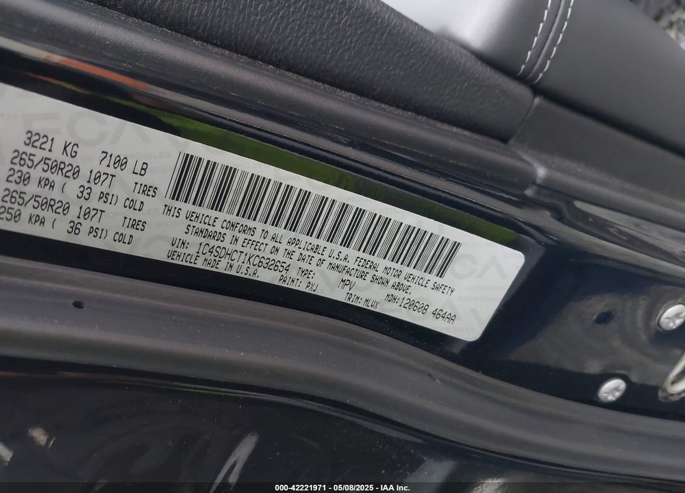 2019 DODGE DURANGO R/T RWD VIN: 1C4SDHCT1KC632654