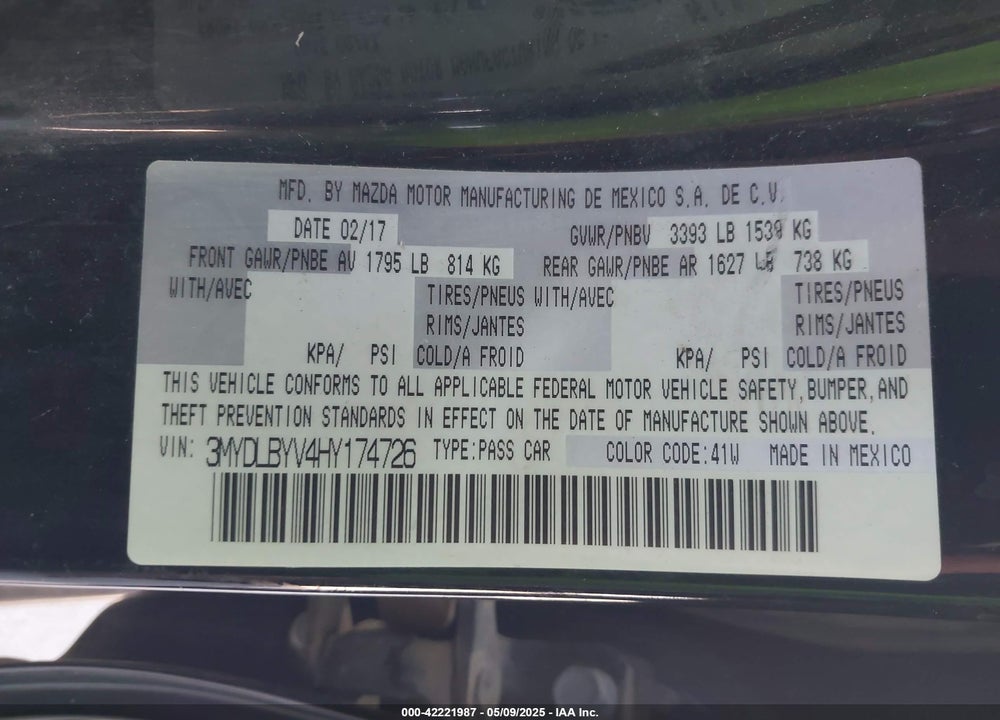 2017 TOYOTA YARIS IA VIN: 3MYDLBYV4HY174726