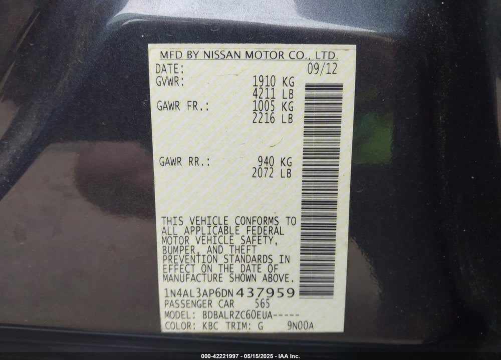 2013 NISSAN ALTIMA VIN: 1N4AL3AP6DN437959