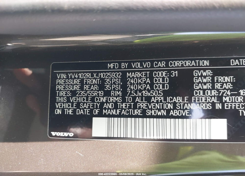 2018 VOLVO XC60 VIN: YV4102RLXJ1025932