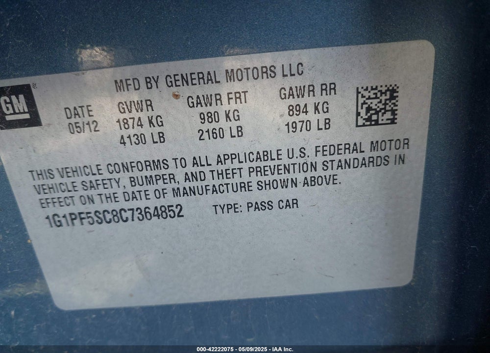 2012 CHEVROLET CRUZE VIN: 1G1PF5SC8C7364852